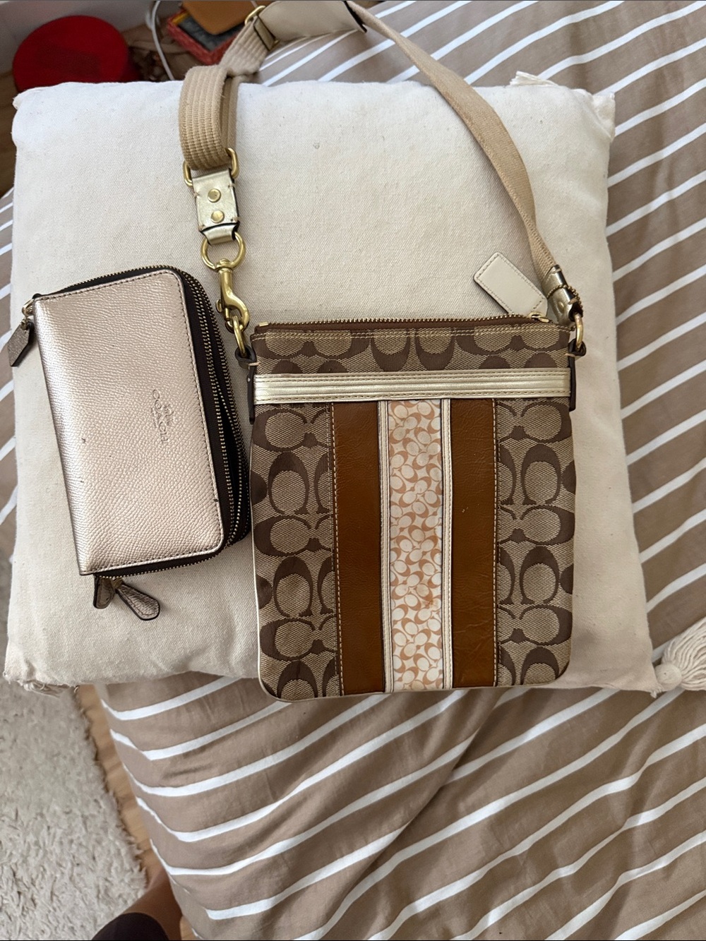 Coach Brown/Tan Signature Stripe Crossbody with Metallic Zip Pouch
